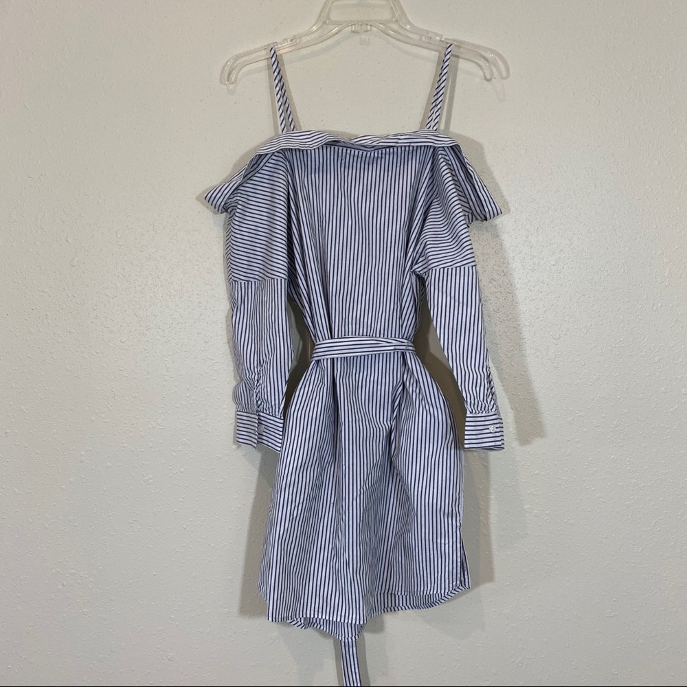 Sneak Peak Shirt Dress Railroad Mini Pinstriped Belted Cuff Sleeves Pocket Beach - Picture 11 of 13